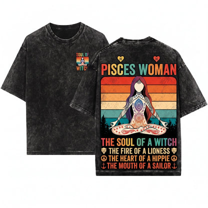 Pisces Girl Soul Witch Horoscope Zodiac Astrological Sign February March Birthday Gift Present Unisex Wash T-Shirt