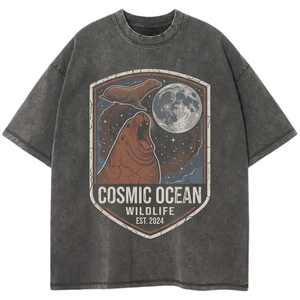 Three California Sea Lion Moon Galaxy Marine Wildlife Art Cosmic Ocean Animal Lover Gift Unisex TShirt