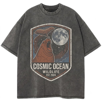 Three California Sea Lion Moon Galaxy Marine Wildlife Art Cosmic Ocean Animal Lover Gift Unisex TShirt