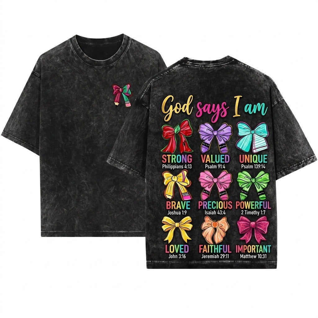 Christian God Says I Am Teacher Coquette Pencil Bow Back To School Graphic Apparel Unisex Wash T-Shirt