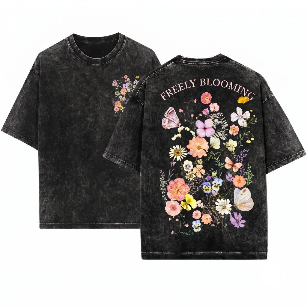 Graphic Tank Top Butterfly Pressed Flowers Soft Cotton Casual Wear Unisex Wash T-Shirt