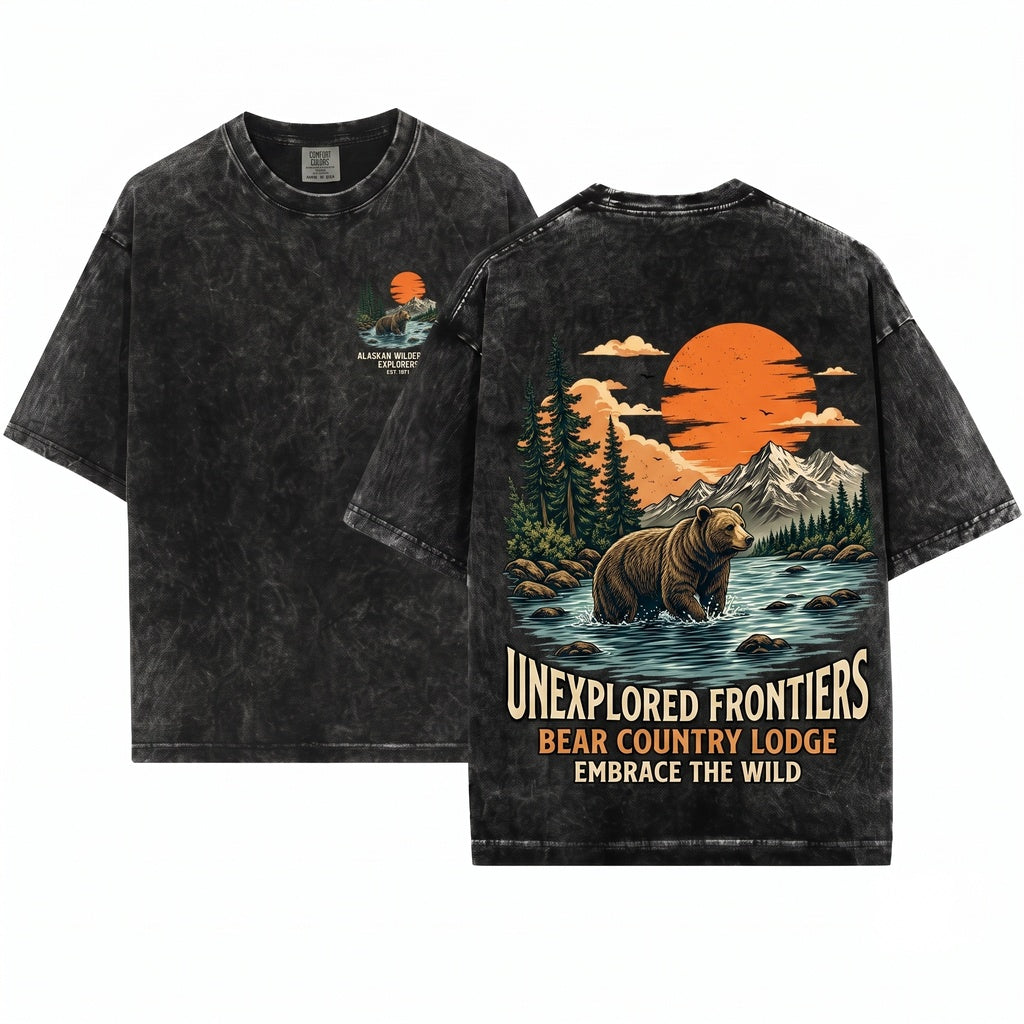 Bear in River Vintage Sunset Mountain Wildlife Nature Lover Woodland Camping Pine Trees Gifts for Outdoorsy Men Women Unisex Wash