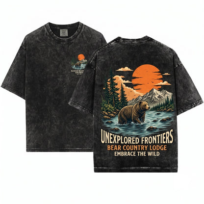Bear in River Vintage Sunset Mountain Wildlife Nature Lover Woodland Camping Pine Trees Gifts for Outdoorsy Men Women Unisex Wash