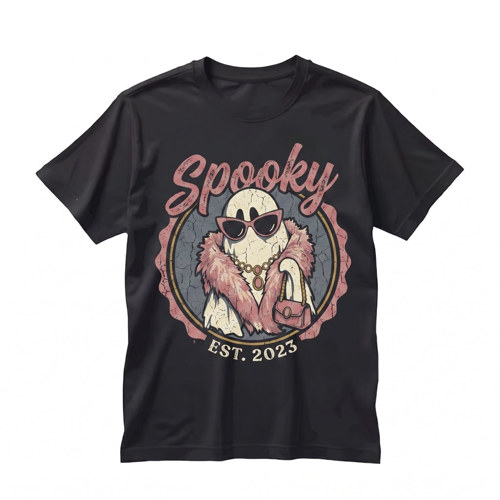Spooky Ghost with Feather Boa Cute Halloween Womens Fall Season Graphic Unisex TShirt