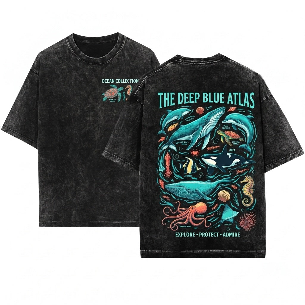 Vintage 90s Retro Ocean Nature Tattoo Sea Animal Whale Orca Turtle Dolphin Gift Unisex Wash T-Shirt