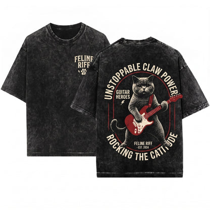 British Shorthair Cat Rock Music Guitar Lover Funny Mom Dad Gift Style Unisex Wash T-Shirt