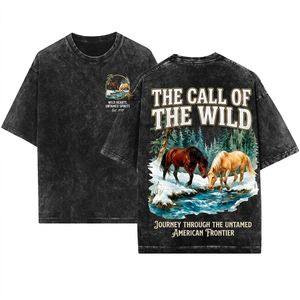 Wild Horses Vintage Graphic Cozy Woodland Animal Rustic Crewneck Unisex Wash T-Shirt