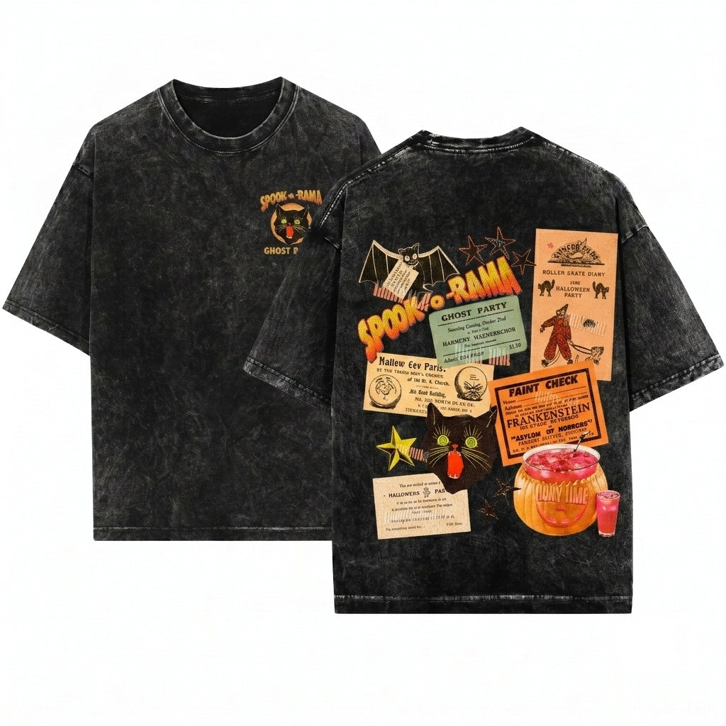 Retro Vintage Halloween Spooky Season Ephemera Party Bat Cat Unisex Wash T-Shirt