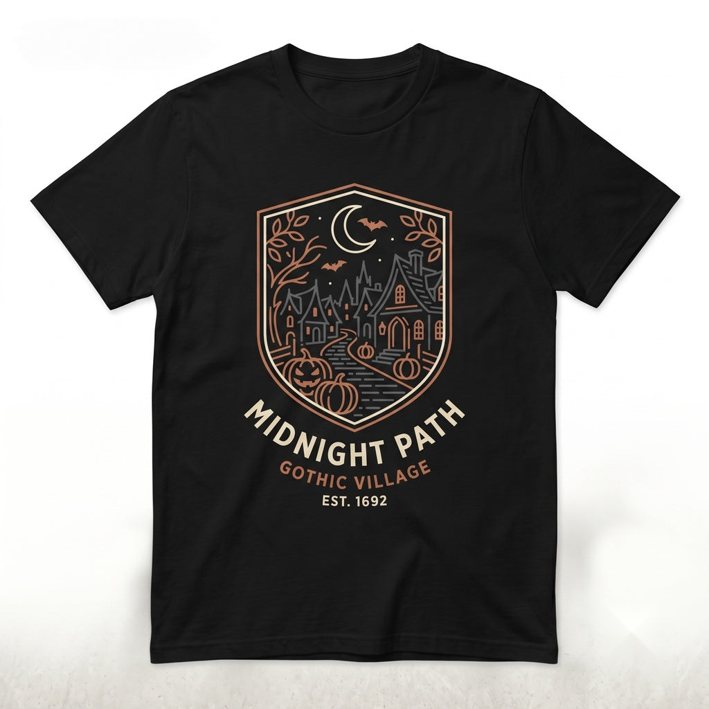 Haunted Halloween Village Spooky Cottage Pumpkin Black Cat Moon Bat Autumn Gothic Gift for Fall Lovers Unisex TShirt