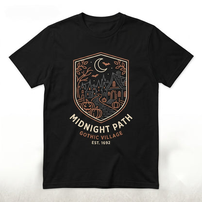 Haunted Halloween Village Spooky Cottage Pumpkin Black Cat Moon Bat Autumn Gothic Gift for Fall Lovers Unisex TShirt