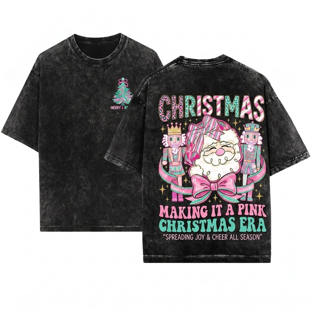 Brushstroke Pink Christmas Floral Tree Santa Merry Bright Varsity Nutcracker Joy Unisex Wash T-Shirt
