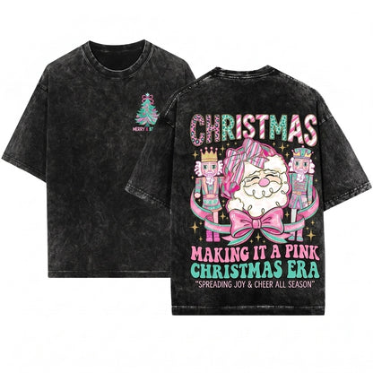 Brushstroke Pink Christmas Floral Tree Santa Merry Bright Varsity Nutcracker Joy Unisex Wash T-Shirt