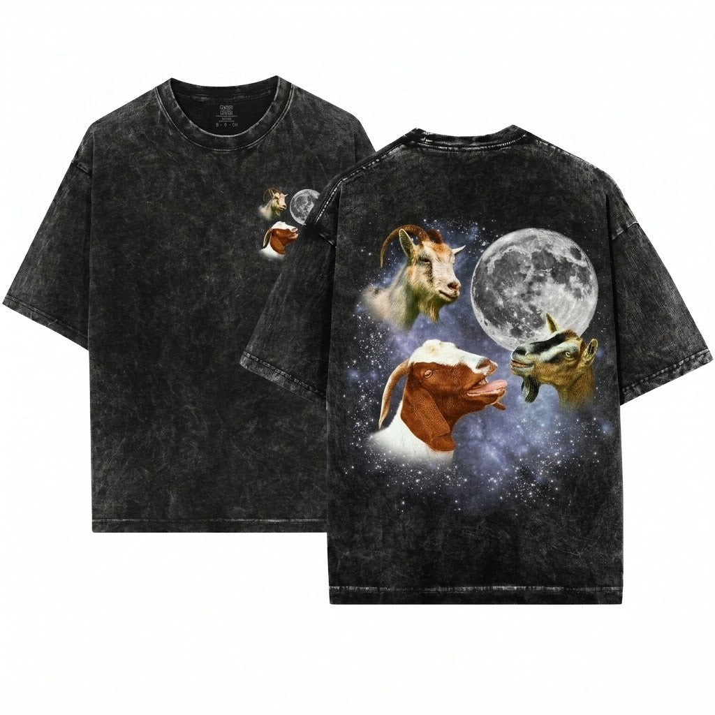 Retro Three Goats Vintage Moon Funny Oversized Graphic Silly Lovers Gift Unisex Wash T-Shirt