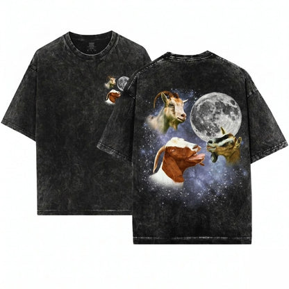 Retro Three Goats Vintage Moon Funny Oversized Graphic Silly Lovers Gift Unisex Wash T-Shirt