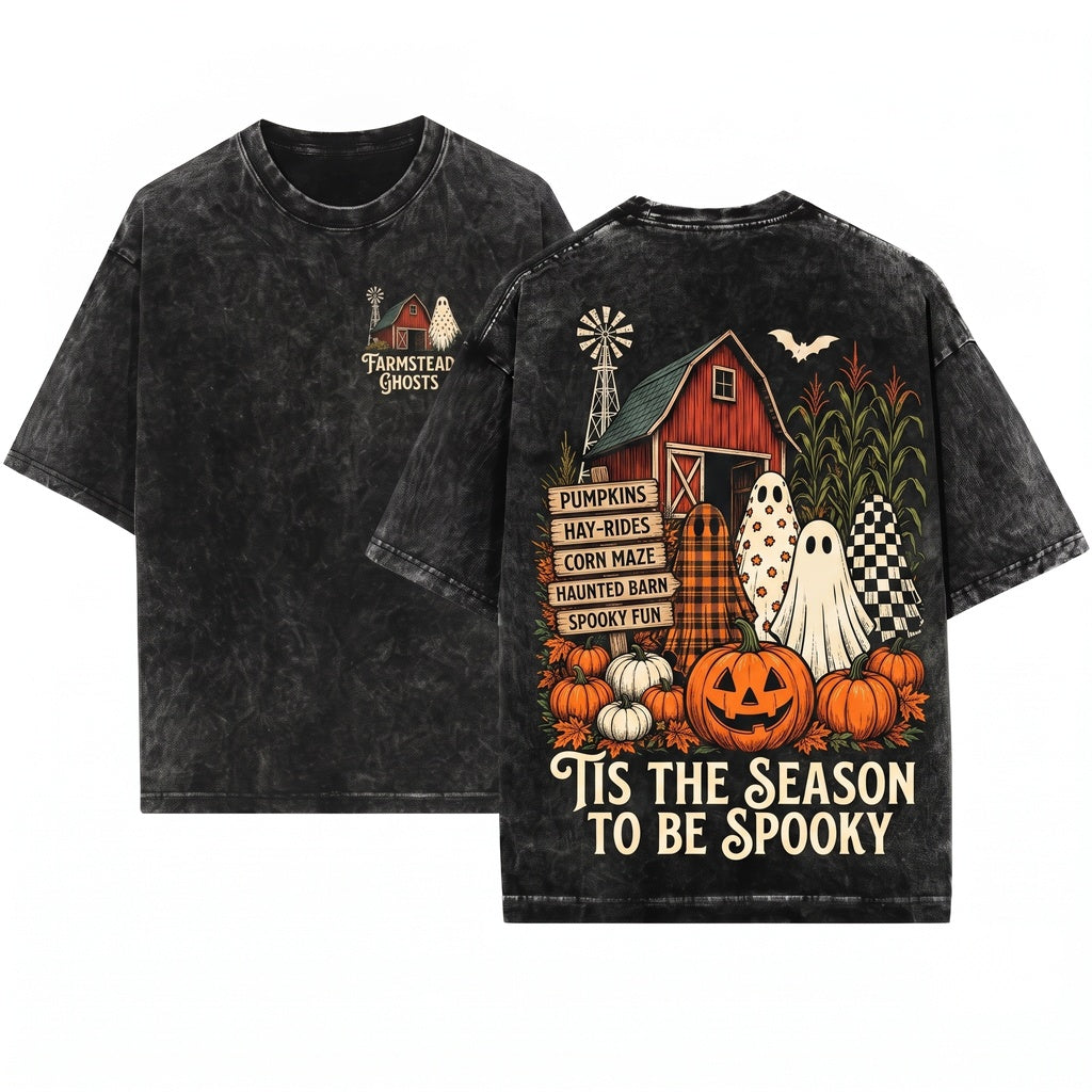 Tis The Season Ghost Trio Pumpkin Patch Farmhouse Halloween Checkered Floral Polka Dot Fall Unisex Wash T-Shirt
