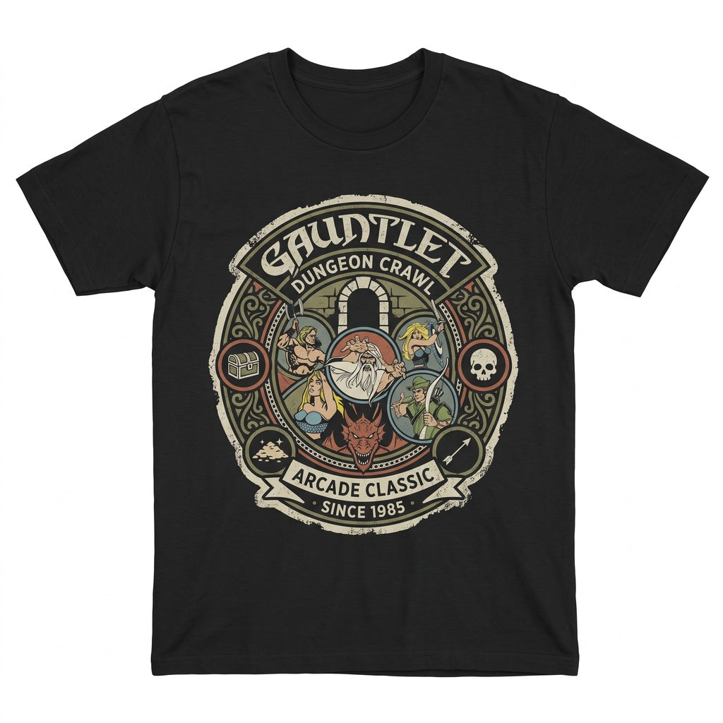 Vintage Arcade Warrior Dungeon Crawler Graphic Print Cotton Black Unisex TShirt