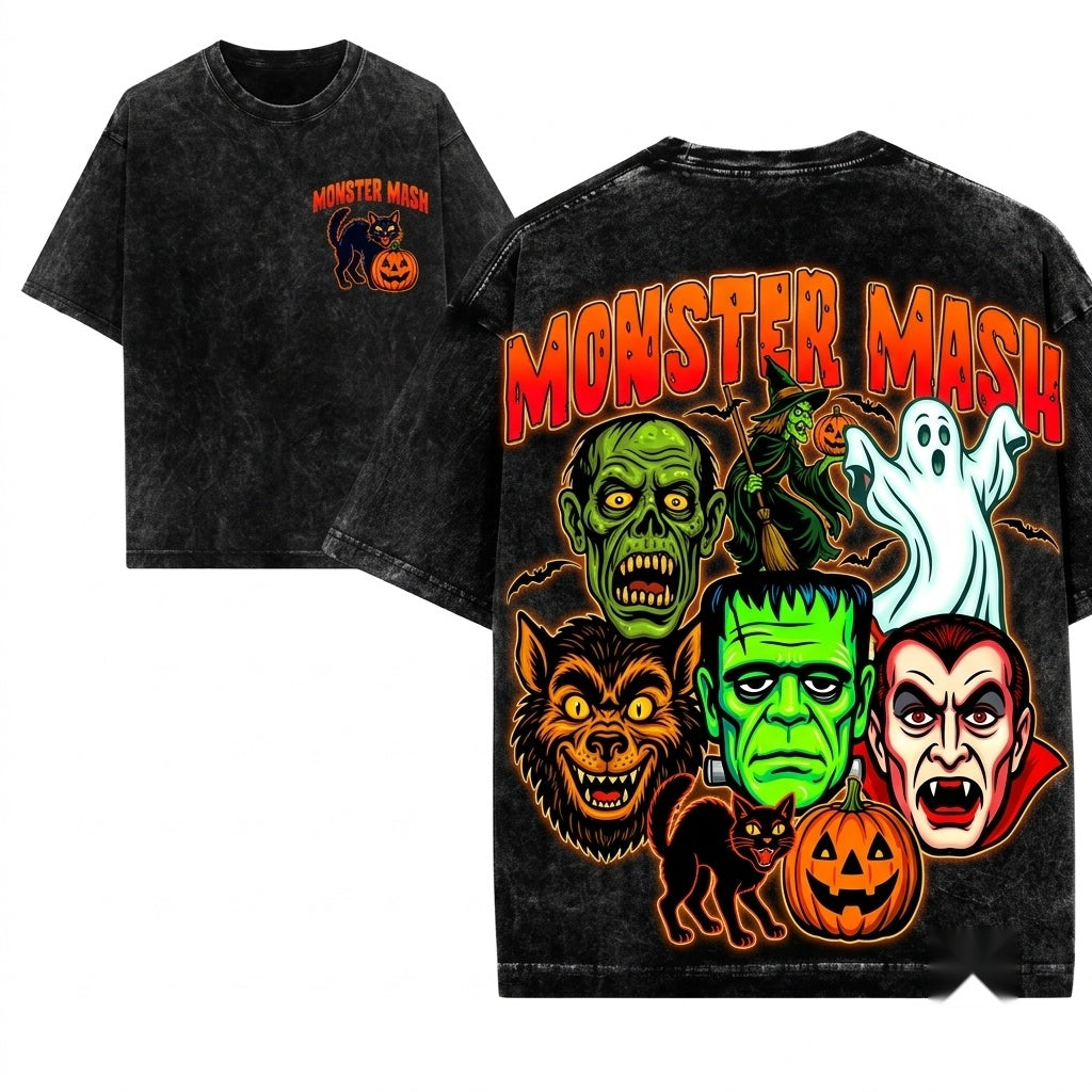 Monster Mash Retro Vintage Horror Frankenstein Dracula Wolfman Ghost Apparel Unisex Wash T-Shirt