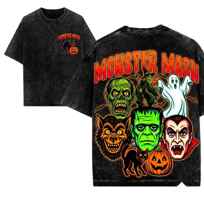 Monster Mash Retro Vintage Horror Frankenstein Dracula Wolfman Ghost Apparel Unisex Wash T-Shirt