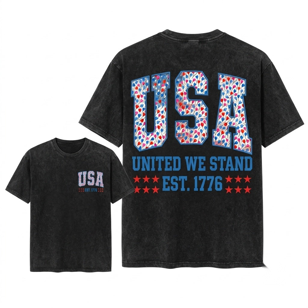 1776 USA Patriotic Faux Embroidery Preppy Hearts Balloon Varsity 4th of July Red White Blue PNG Unisex Wash T-Shirt