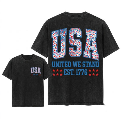 1776 USA Patriotic Faux Embroidery Preppy Hearts Balloon Varsity 4th of July Red White Blue PNG Unisex Wash T-Shirt