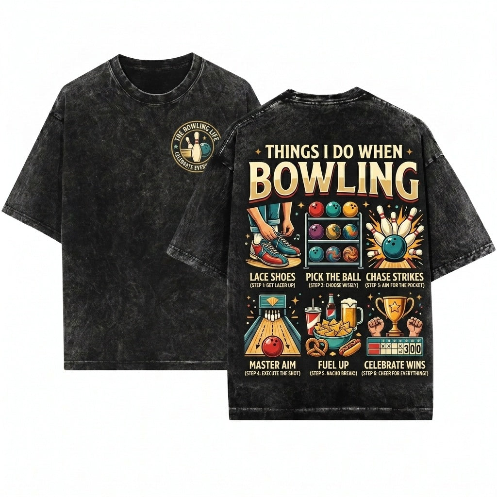 Funny Retro Bowling Humor - Colorful Strike Graphics Cotton Adult S-XL Unisex Wash T-Shirt