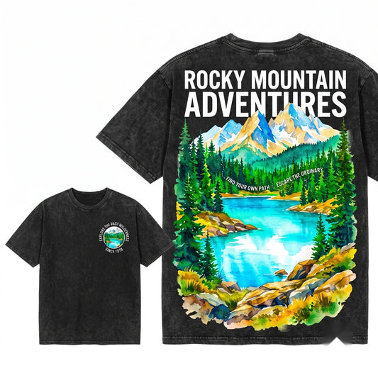 Vintage Watercolor Mountain Lake Alpine Forest Nature Rustic Outdoor Adventure Scenic Unisex Wash T-Shirt