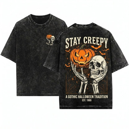 Vintage Halloween Retro Skeleton Pumpkin Graphic Stay Creepy Top Unisex Wash T-Shirt