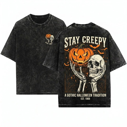 Vintage Halloween Retro Skeleton Pumpkin Graphic Stay Creepy Top Unisex Wash T-Shirt