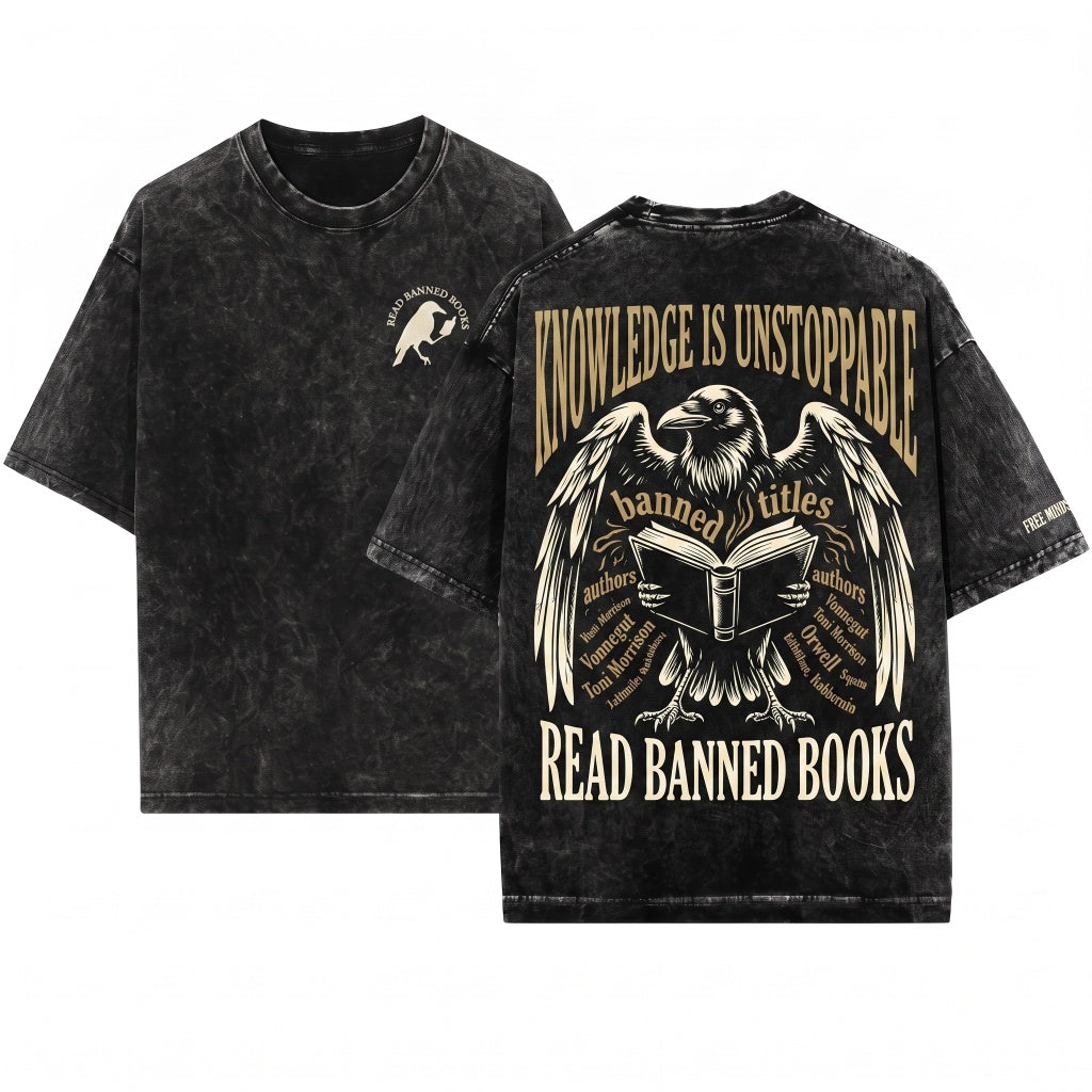 Embroidered Read Banned Books Edgar Allan Poe Crow Cozy Reader Librarian English Teacher Gift Unisex Wash T-Shirt
