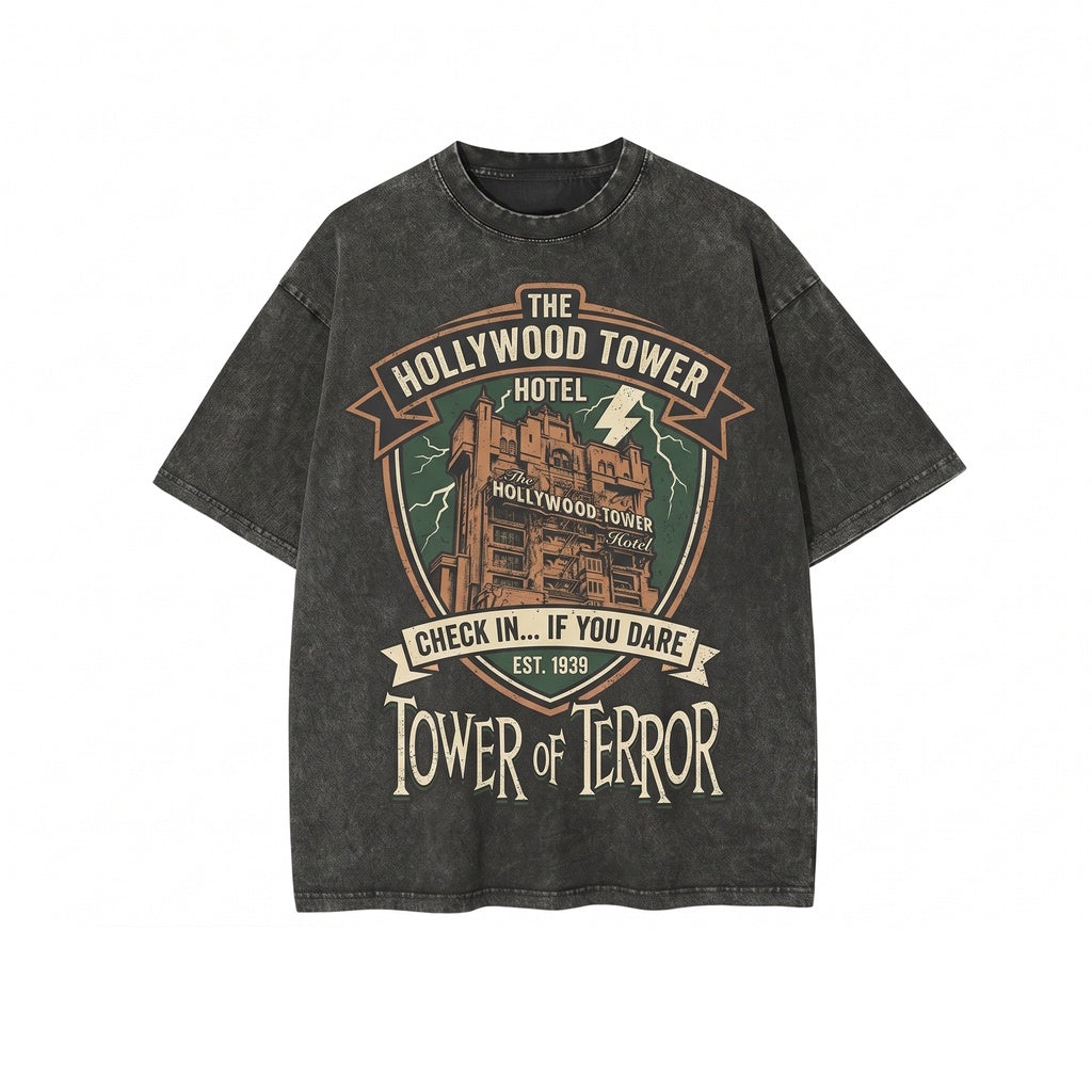 Vintage Haunted Drop Tower Theme Park Hollywood Spooky Halloween Oversized Graphic Unisex TShirt