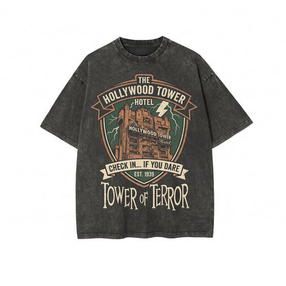 Vintage Haunted Drop Tower Theme Park Hollywood Spooky Halloween Oversized Graphic Unisex TShirt