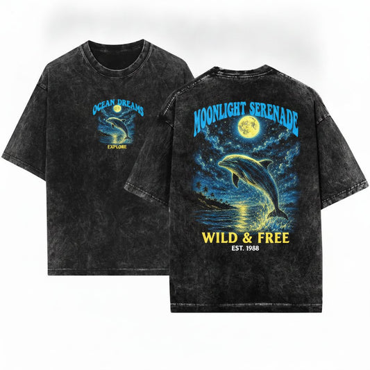 Vintage Dolphin Ocean Graphic Marine Life Save The Sea Lover Gift Beach Holiday Beachwear Unisex Wash T-Shirt