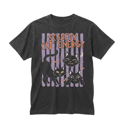 Scaredy Cat Energy Halloween Spooky Funny Vintage Garment Dyed Black Feline Graphic Unisex TShirt