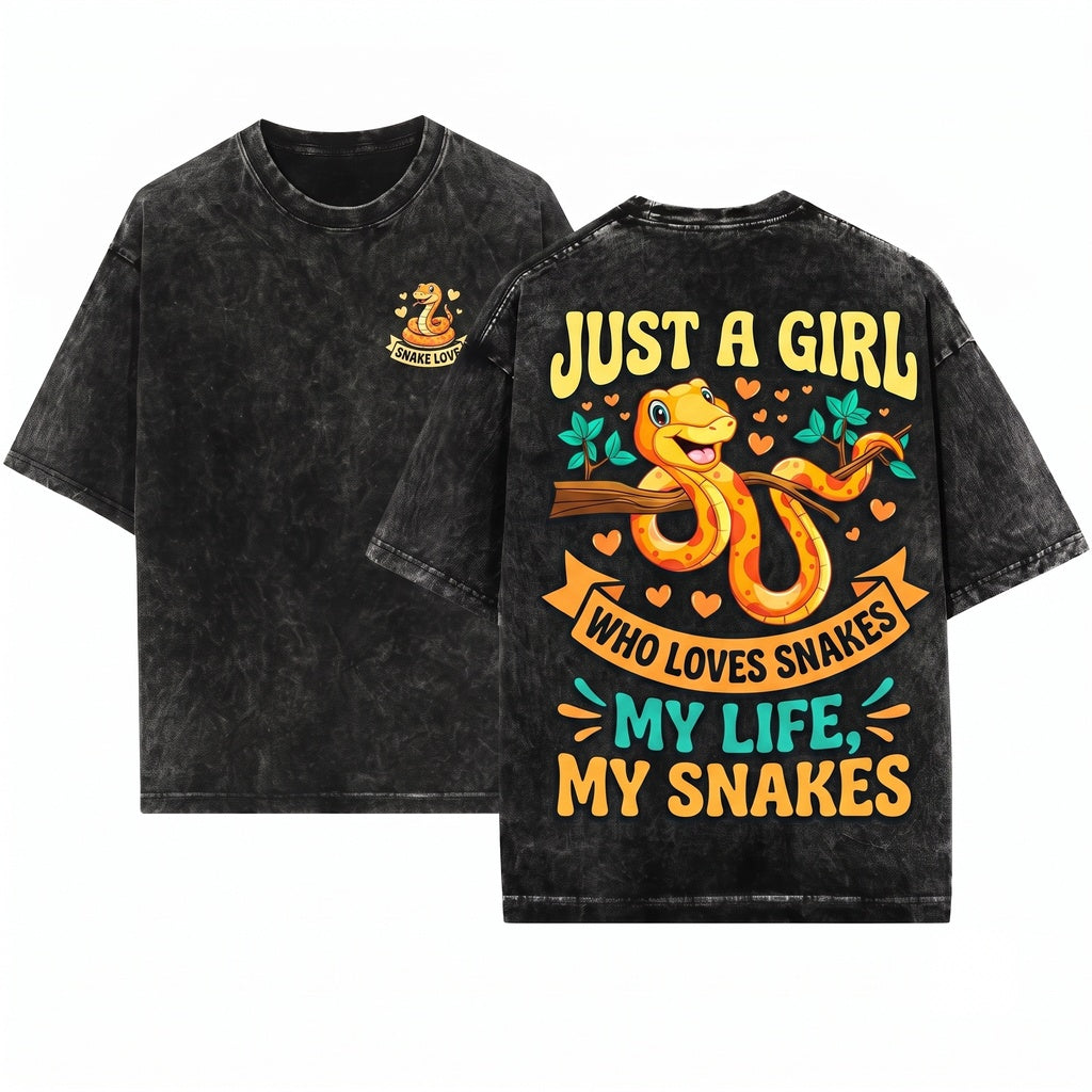 Just a Girl Who Loves Snakes Cute Funny Graphic Top, Reptile Lover Birthday Gift for Girls Unisex Wash T-Shirt
