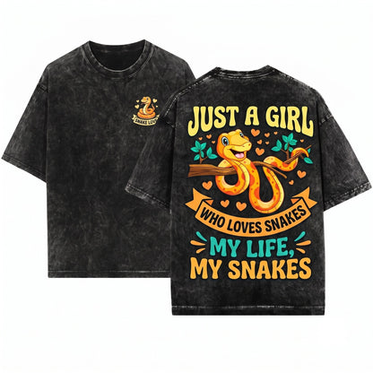 Just a Girl Who Loves Snakes Cute Funny Graphic Top, Reptile Lover Birthday Gift for Girls Unisex Wash T-Shirt