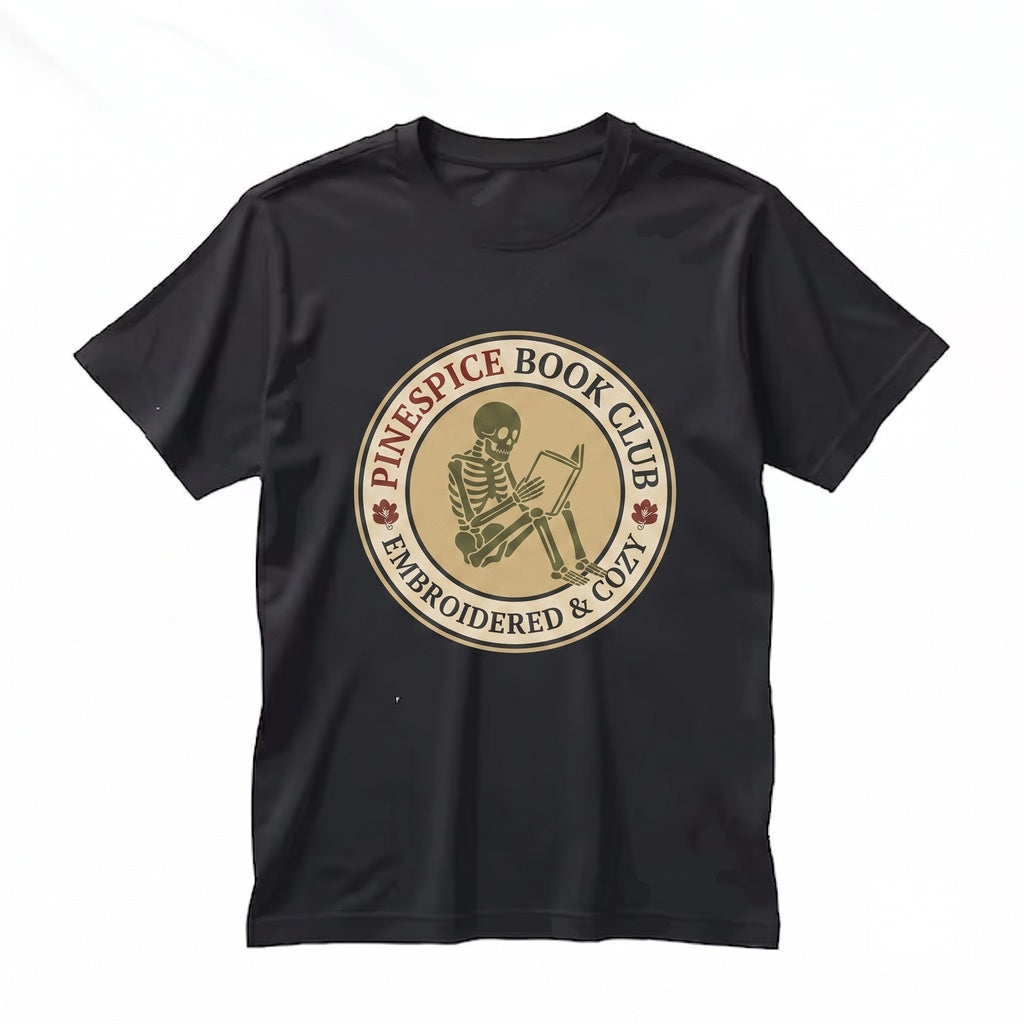 Embroidered Skeleton Reading Book Coffee Spooky Fall Vibes Boo Basket Lover Unisex TShirt