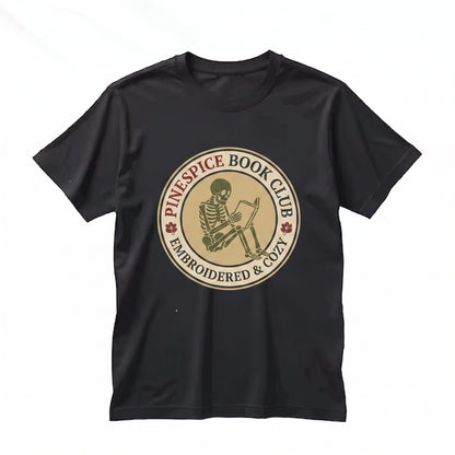 Embroidered Skeleton Reading Book Coffee Spooky Fall Vibes Boo Basket Lover Unisex TShirt