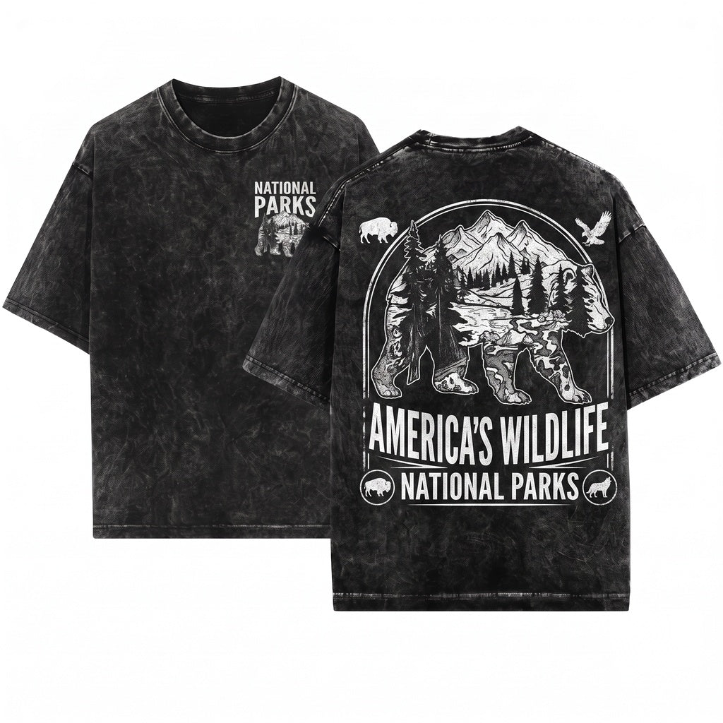 Vintage National Park Bear Graphic Wildlife Conservation Mountain Forest Nature Aesthetic Top Gift Unisex Wash T-Shirt