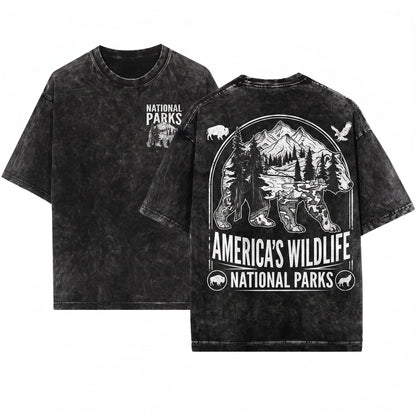 Vintage National Park Bear Graphic Wildlife Conservation Mountain Forest Nature Aesthetic Top Gift Unisex Wash T-Shirt