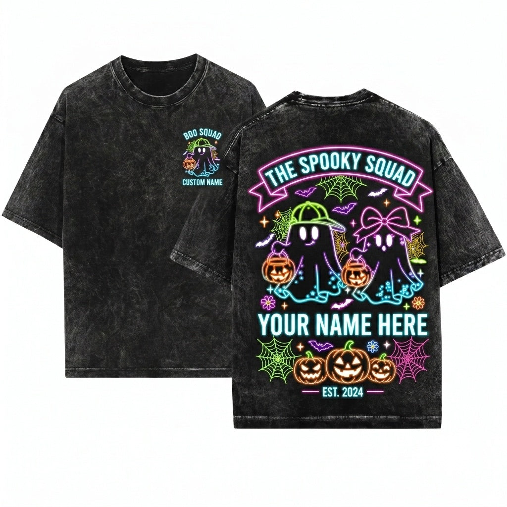 Cute Preppy Neon Ghost Boo Bow Custom Name Toddler Boy Girl Halloween Unisex Wash T-Shirt