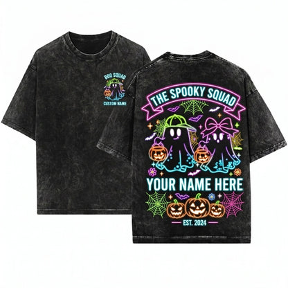 Cute Preppy Neon Ghost Boo Bow Custom Name Toddler Boy Girl Halloween Unisex Wash T-Shirt
