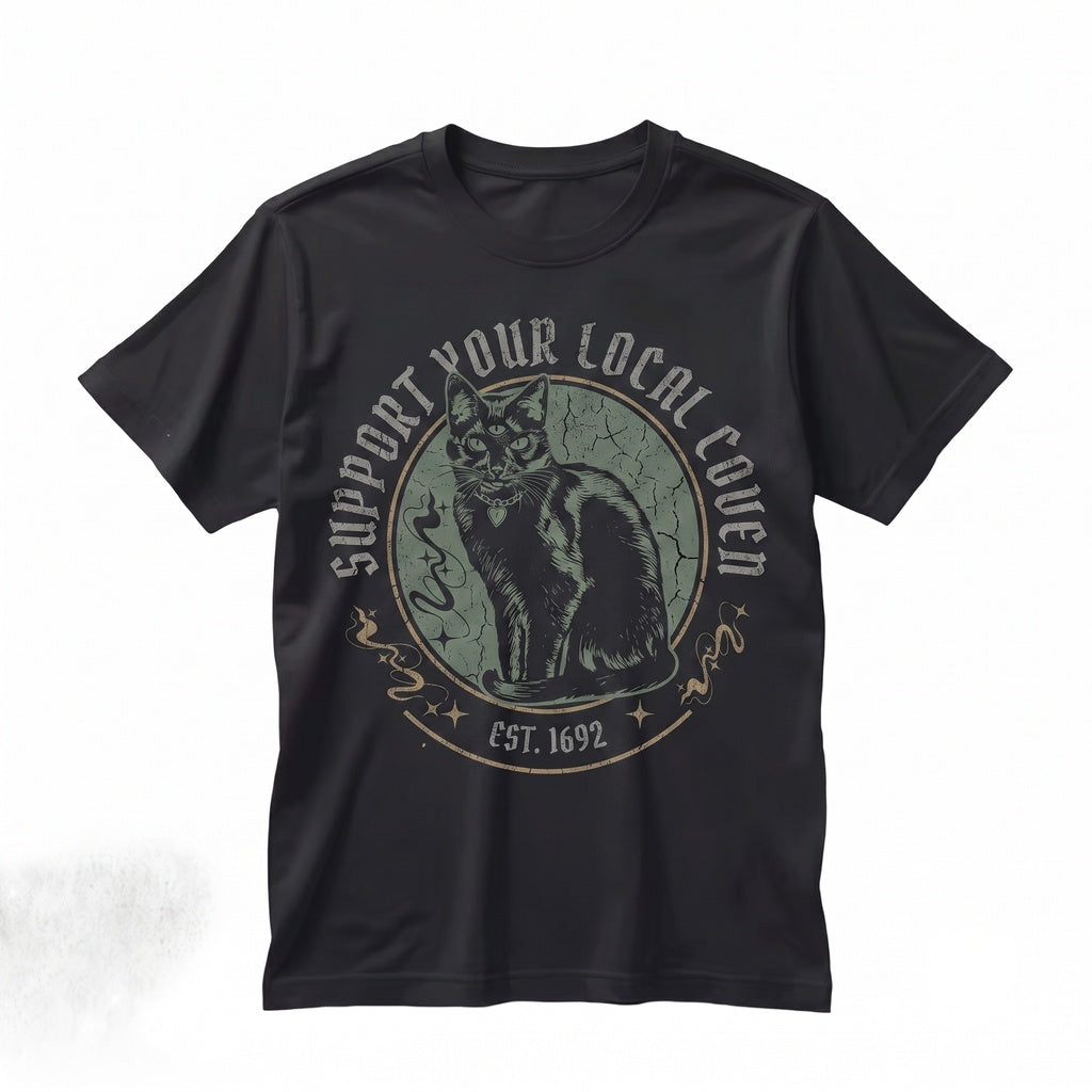 Support Local Coven Third Eye Black Cat Celestial Goth Occult Graphic Unisex TShirt