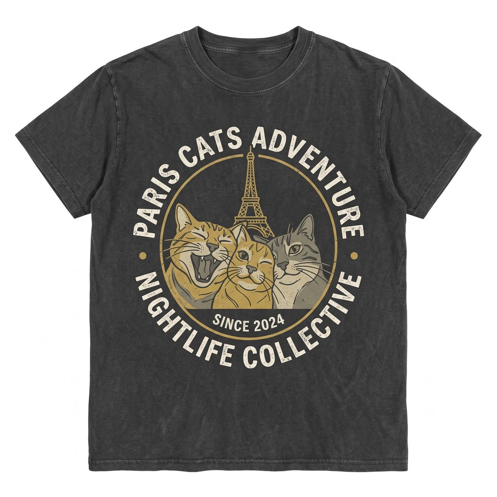 Paris Cats Selfie Washed Black Night Photo Vintage Travel Meme Graphic Streetwear Aesthetic Gift Unisex TShirt