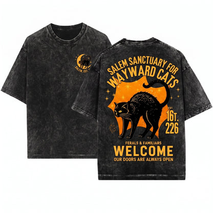 Salem Sanctuary Black Cat Vintage Witchy Halloween Unisex Wash T-Shirt