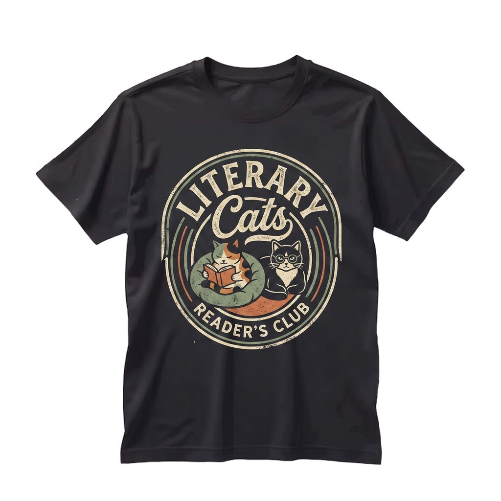 Vintage Black Bookish Reading Cat Graphic Literary Unisex TShirt