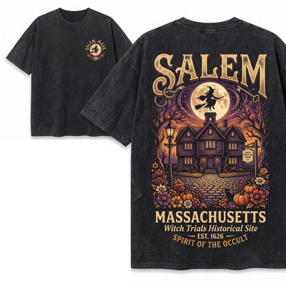 Vintage Salem Massachusetts Witch City Halloween Spooky Season Fall Graphic Unisex Wash T-Shirt