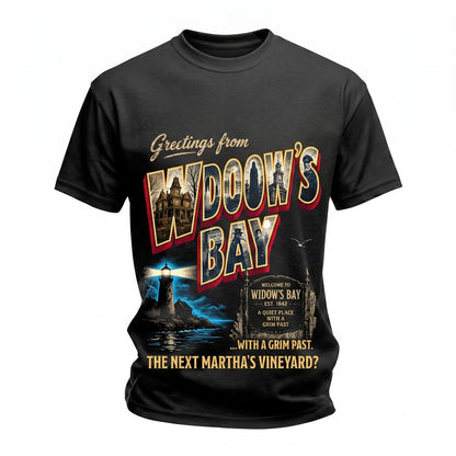 Greetings From Widows Bay Vintage Coastal Horror Movie Graphic Spooky Fan Gift Unisex TShirt