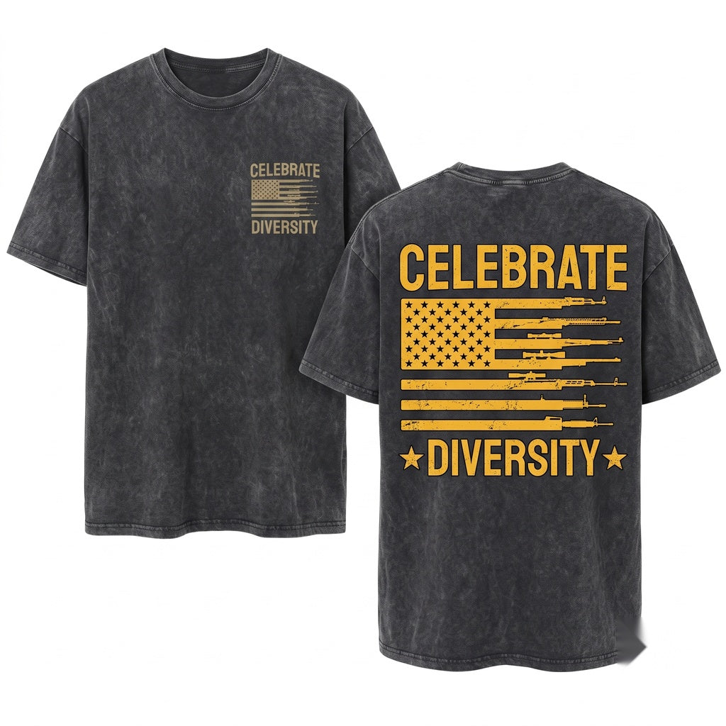 Celebrate Diversity Funny Guns USA Flag 2nd Amendment Firearm Rights Patriotic Unisex Wash T-Shirt