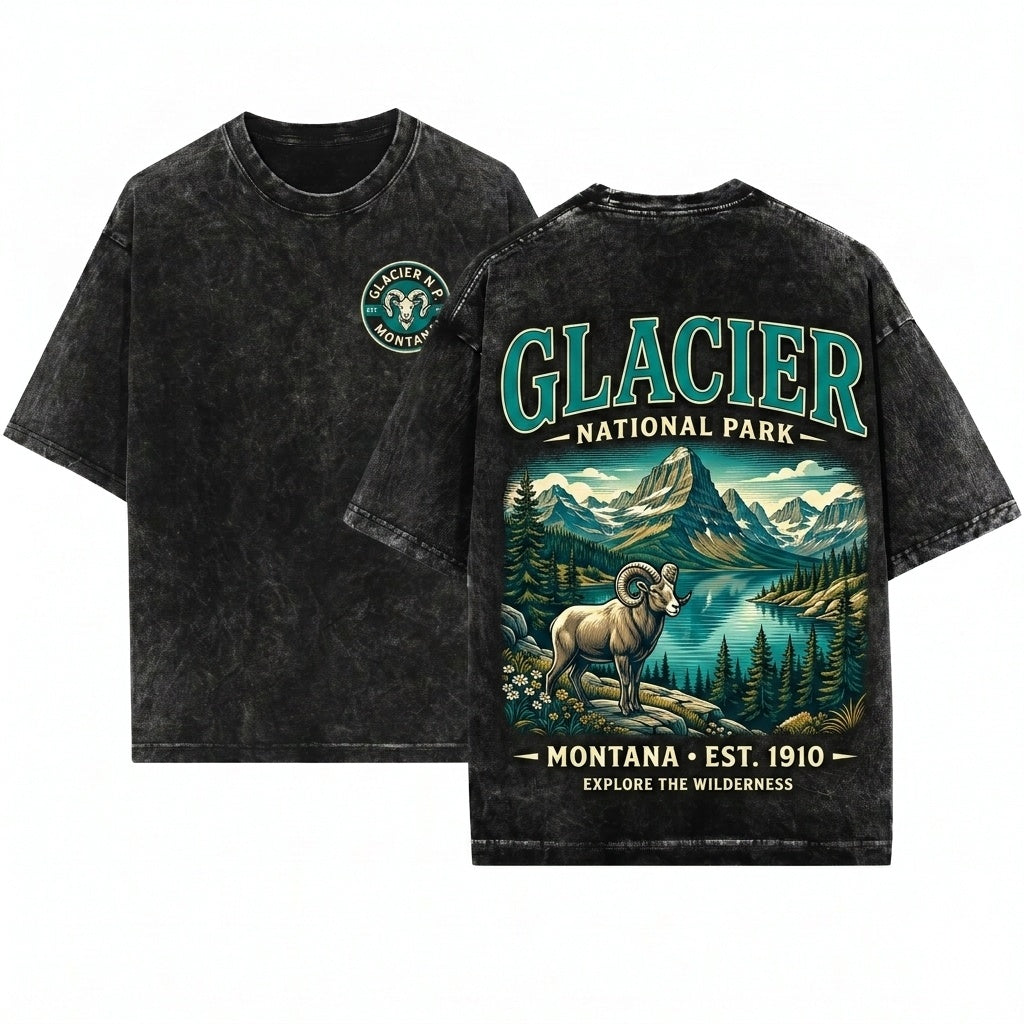 Glacier National Park Montana Mountain Vintage Retro Hiking Nature Gift Unisex Wash T-Shirt