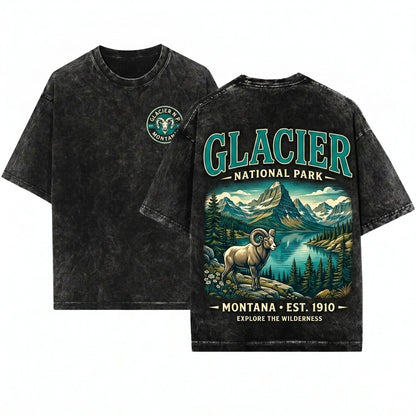 Glacier National Park Montana Mountain Vintage Retro Hiking Nature Gift Unisex Wash T-Shirt